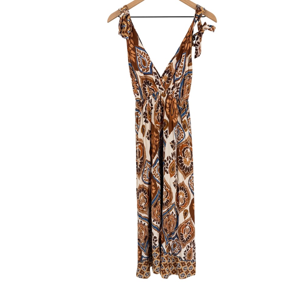 Casini Pienza Maxi Dress Brown Multi OS Bohemian Summer Tie Shoulder